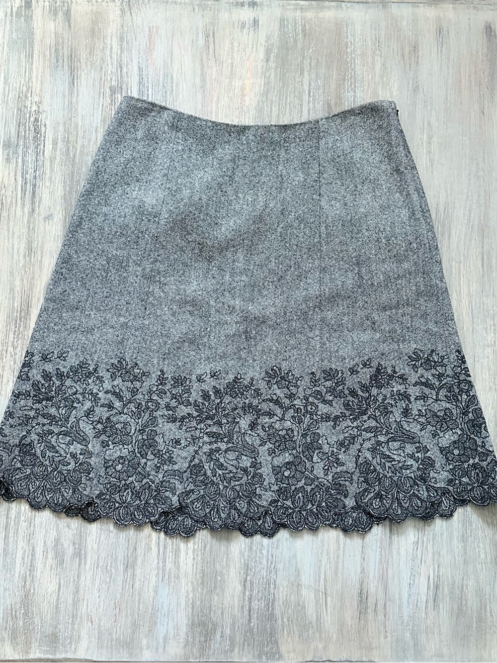 Ann Taylor Women’s Gray A-Line Skirt with Black Floral Embroidery